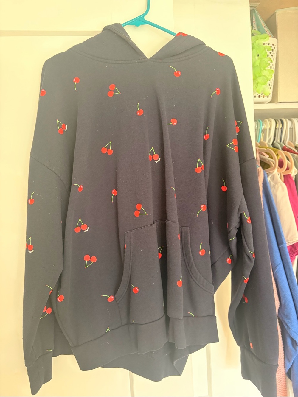 Cherry-Print Black Hoodie Sweater - Women's Casual Pullover